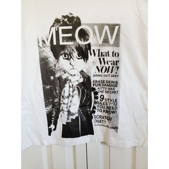 Ellen Tracy L Women's T-Shirt Tee Top Shirt Cat Meow Magazine‎ Cover White - Picture 3 of 4